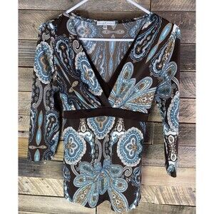 Moa Moa Women's Sz L  Brown Teal & White 3/4 Sleeve V-Neck Top